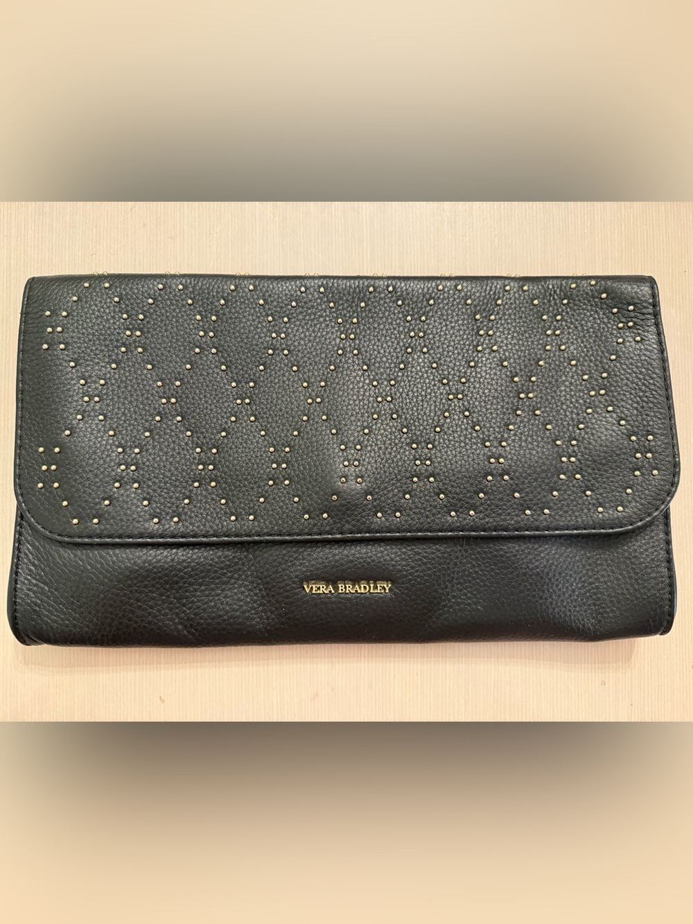 Vera Bradley Black Leather Clutch Gold Stud Leopard Chain Strap Bag Diamond